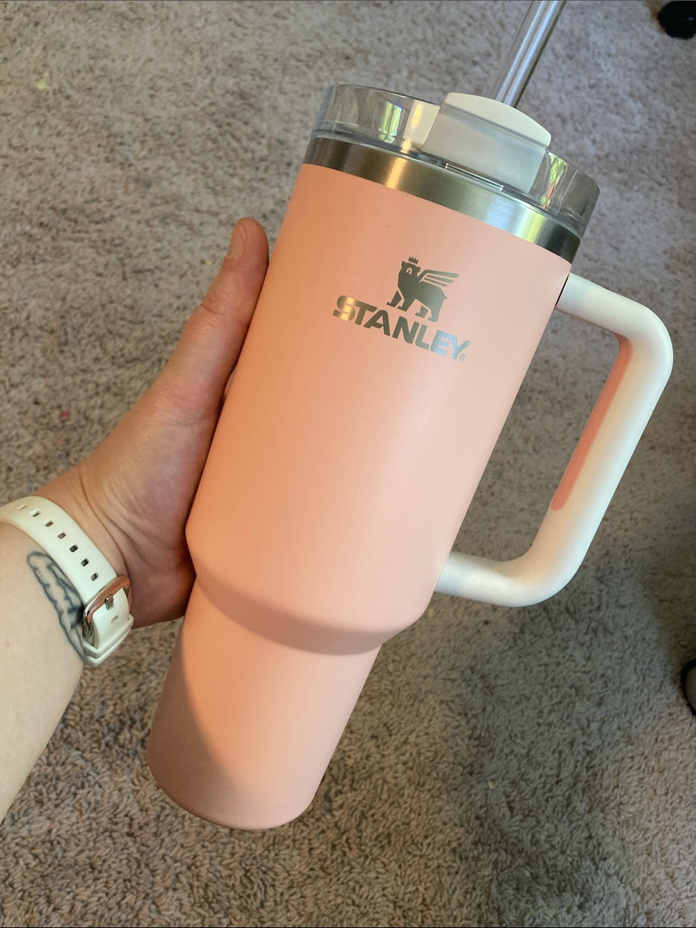 Stanley Peach Travel Tumbler with White Accents